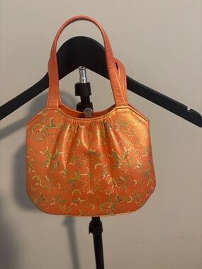 Authentic Japanese Kimono Bag Orange Gold Floral Obi Style Structured Clasp Purs